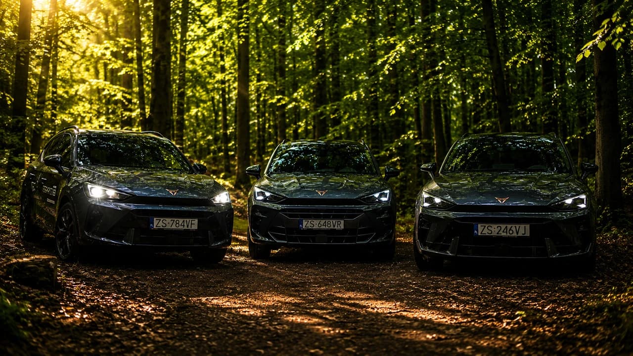 Trio CUPRA w wiosennym zielonym lesie w okolicach Szczecina