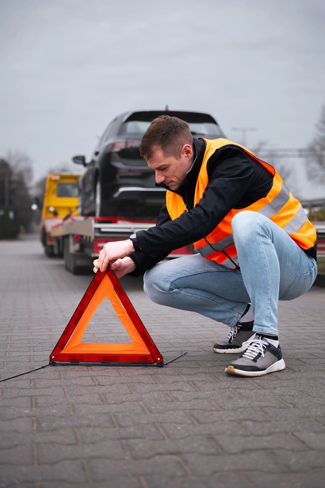 Mężczyzna ustawia trójkąt ostrzegawczy po wypadku lub kolizji. W tele samochód na lawecie.